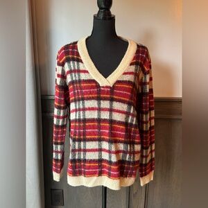 St. John's Bay Red and Cream Plaid V-Neck Sweater